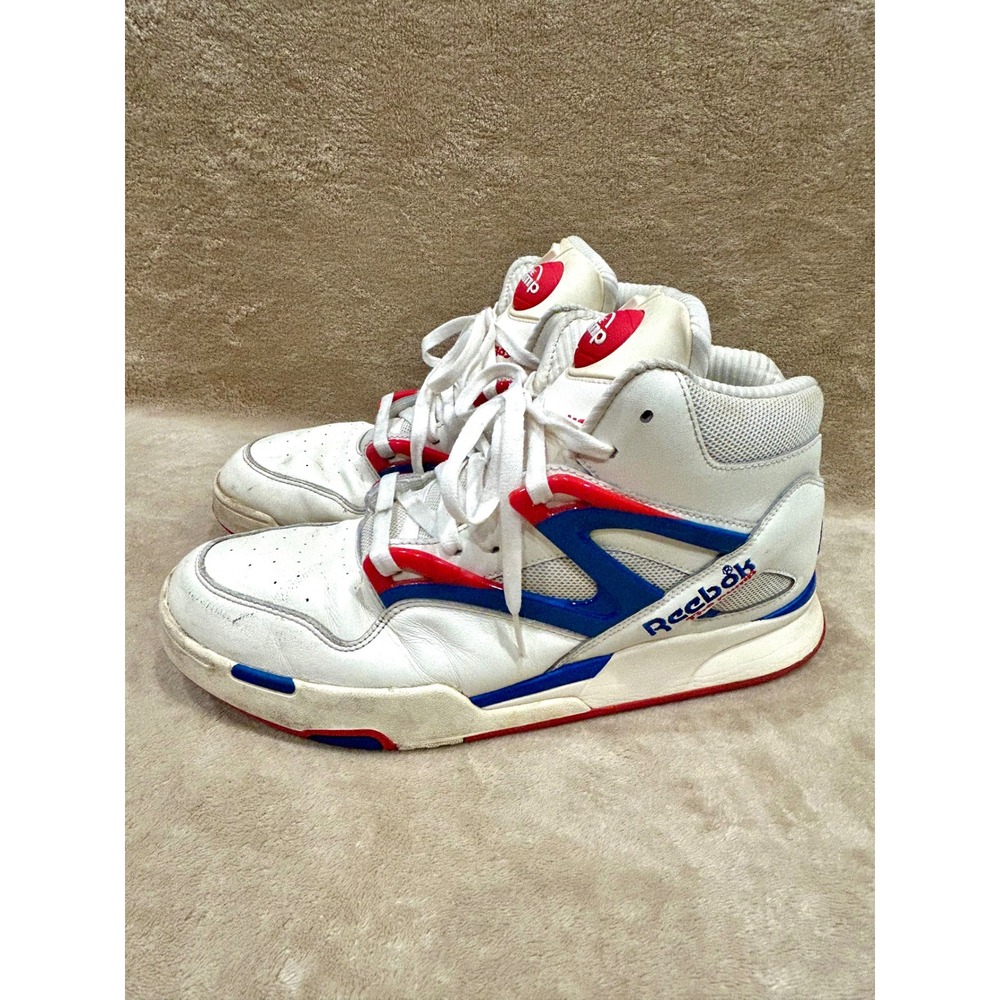 Reebok Mens 12 Pump Omni Zone II Chalk Vector Blue White Red Basketball Shoe